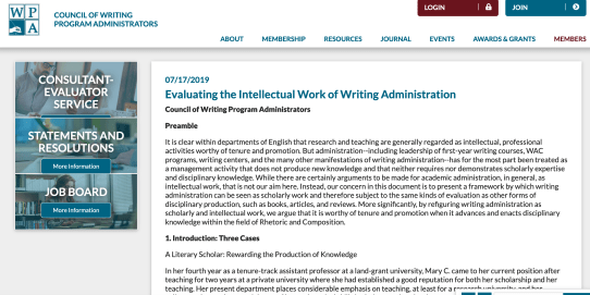CWPA Statement on Writing Administration as Intellectual Work