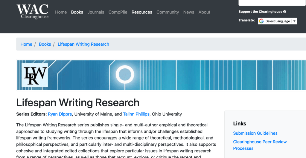 Image of the Lifespan Writing Research page at the WAC Clearinghouse.